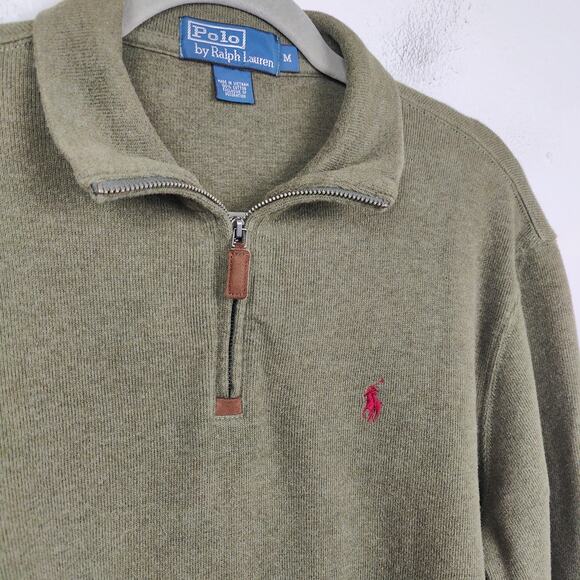 Vintage Polo Ralph Lauren 1/2 Zip Sweater Mens Medium Cotton Olive Green Preppy‎ - Picture 2 of 5